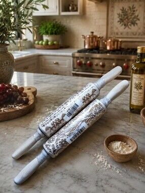 2 Wooden Christmas Holiday Embossed Rolling Pins Reindeer Trees Scroll Pattern